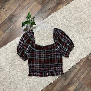 American Eagle Medium Plaid Smock Puff Sleeve Ruffle Square Neckline Top